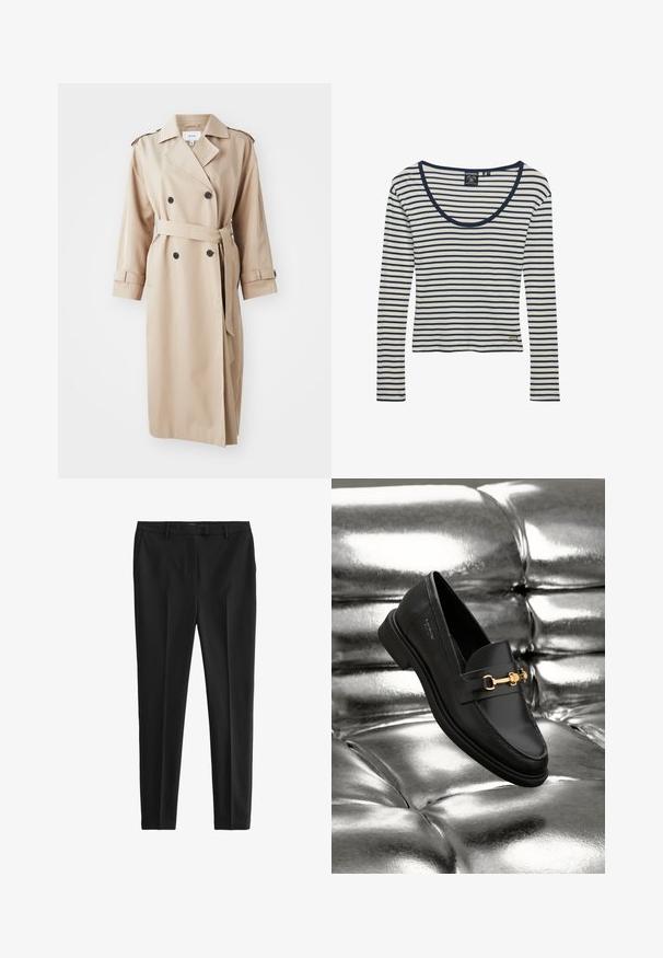 Beige trenchcoat med dobbeltbrystet front, sorte knapper, bælte ved taljen og skulderepauleter; lavet af glat stof med en afslappet pasform.; Hvid langærmet skjorte med mørkeblå vandrette striber og rund halsudskæring, med mærket Superdry near nederdelen og indersiden af kraven.; Sorte skræddersyede bukser lavet af glat stof. Har flad front, sidelommer og en slim fit design. Rent, minimalistisk stil.; Sorte læder loafers med en guldfarvet hardware detalje. Skoen har et elegant design og en glat, skinnende overflade.
