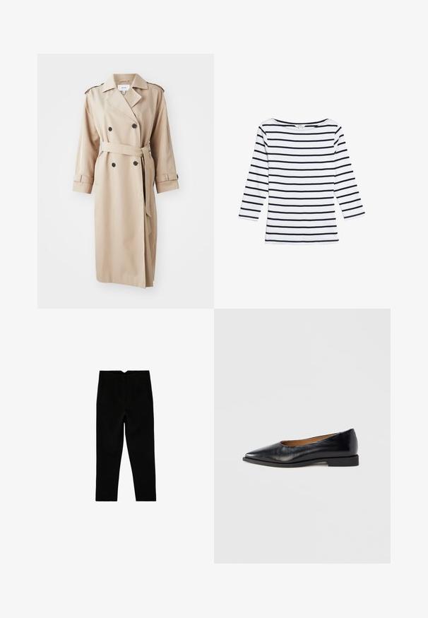 Gabardina beige con frente de doble botonadura, botones negros, cinturón en la cintura y epaulettes en los hombros; hecha de una tela suave con un corte relajado.; Marks & Spencer STRIPED SLASH NECK - Camiseta de manga larga - white mix; Pantalones negros a medida hasta el tobillo con bolsillos laterales y pierna ligeramente entallada, mostrados extendidos sobre un fondo blanco.; Zapato plano de cuero negro con punta puntiaguda y tacón cuadrado bajo. Textura lisa, diseño minimalista y sin elementos visibles ni patrones.