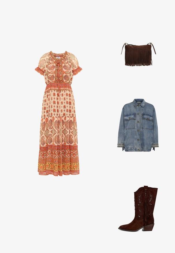 Jeansjacke in Hellblau mit zwei Brusttaschen, bronzenen Knöpfen und Nietenakzenten an den Ärmeln und dem Saum. Hat eine lockere Passform.; Maxikleid aus leichtem Stoff mit floralen Mustern in Rot- und Orangetönen, mit gerafftem Ausschnitt, kurzen Ärmeln und einem stufigen Saum.; Braune Wildleder-Cowboystiefel mit Fransen, dekorativen silbernen Nieten, spitzem Schuh und gestapeltem Absatz. Dezente geprägte Muster am Schaft.; Braune Wildleder-Umhängetasche mit langen Fransenquasten und verstellbaren Riemen, Reißverschluss entlang der oberen Kante.