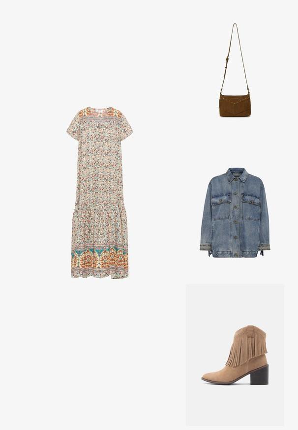 Leren jasje in lichtblauw met twee borstzakken, bronzen knopen en studaccenten op de manchetten en de zoom. Heeft een ontspannen pasvorm.; Floral maxi-jurk met een roomkleurige achtergrond, kleurrijke bloemenpatronen, korte mouwen, een ronde halslijn en een rucheszoom.; Beige suède enkellaars met een ronde neus en een bovenwerk met franjes. Voorzien van een blokhak van gemiddelde hoogte en een stevig ontwerp met een lusdetail aan de achterkant.; Bruine suède schoudertas met verstelbare riem, franjes en kleine metalen studs op de voorklep.