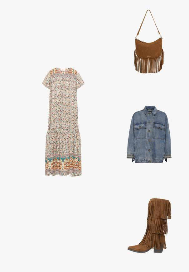 Leren jasje in lichtblauw met twee borstzakken, bronzen knopen en studaccenten op de manchetten en de zoom. Heeft een ontspannen pasvorm.; Floral maxi-jurk met een roomkleurige achtergrond, kleurrijke bloemenpatronen, korte mouwen, een ronde halslijn en een rucheszoom.; Bruine suède enkellaars met gelaagde franjes, puntige neus en lage gestapelde hak. Gladde textuur en gelijkmatige matte afwerking.; Bruine suède schoudertas met een franjesdetail aan de onderkant, gebogen vorm, gouden logo aan de voorkant en een verstelbare band.