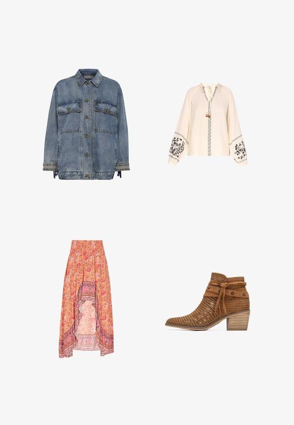 Leren jasje in lichtblauw met twee borstzakken, bronzen knopen en studaccenten op de manchetten en de zoom. Heeft een ontspannen pasvorm.; Crèmekleurig blouse met lange, geplooide mouwen. Bevat zwarte bloemenborduursels op de mouwen en een strikhalslijn met kwastjes. Geribbelde stof.; Bloemenmaxi-rok met een smockband, voorzien van een oranje basis, roze en rode bloemen, en contrasterende, gemusterde zoomdetails.; Bruine suède enkellaars met geperforeerd ontwerp, geaccentueerd door een gestrikte band en studs, voorzien van een gestapelde houten hak en een puntige neus.