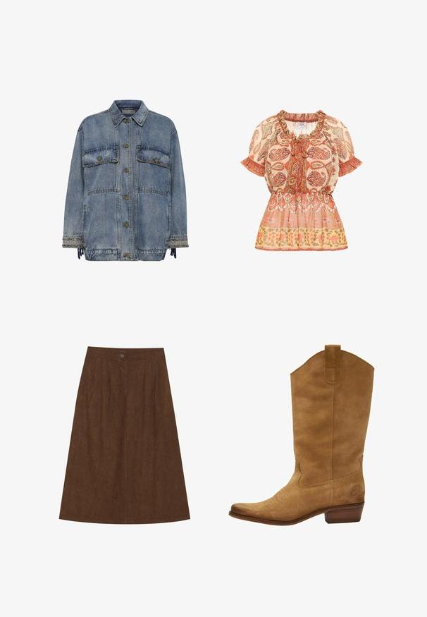 Leren jasje in lichtblauw met twee borstzakken, bronzen knopen en studaccenten op de manchetten en de zoom. Heeft een ontspannen pasvorm.; Blouse met een gathered halslijn en korte mouwen; heeft een bloemig paisleypatroon in oranje, wit en gouden tinten, met een getailleerde taille.; Bruine corduroy rok met een aansluitende taille en plooien, met een enkele knoopsluiting aan de bovenkant. A-lijn vorm, halverwege de kuit.; Bruine suède cowboylaars met een hoge schacht, puntige neus en subtiele witte stiksels. Bevat een gemusterde accent nabij de hak en een gestapelde houten hak.