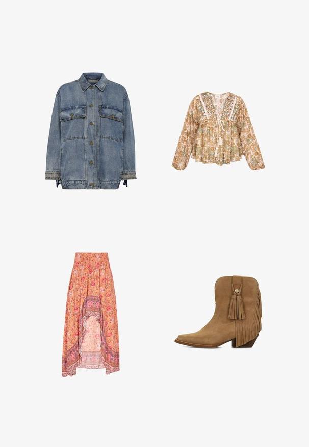 Jeansjacke in Hellblau mit zwei Brusttaschen, bronzenen Knöpfen und Nietenakzenten an den Ärmeln und dem Saum. Hat eine lockere Passform.; Langärmlige, lockere Bluse mit beigem, grünem und braunem Paisley-Muster, besticktem Einsatz und vorderer Kordel mit Quasten.; Florale Maxiröhre mit einem gerafften Taillenbund, in Orange mit rosa und roten Blumen sowie kontrastierenden gemusterten Saumdetails.; Brauner Wildleder-Stiefelette mit spitz zulaufender Zehenpartie, Blockabsatz, seitlichen Fransen und dekorativen Quasten mit Metallknopfdetail.