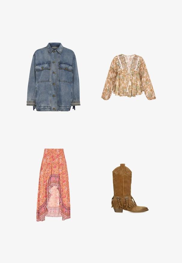 Leren jasje in lichtblauw met twee borstzakken, bronzen knopen en studaccenten op de manchetten en de zoom. Heeft een ontspannen pasvorm.; Losse blouse met lange mouwen, beige, groene en bruine paisley-print, geborduurde pasvorm en voorstrik met kwastjes.; Bloemenmaxi-rok met een smockband, voorzien van een oranje basis, roze en rode bloemen, en contrasterende, gemusterde zoomdetails.; Bruine suède cowboylaars met gestikte details, franjes, gevlochten leren riemen, metalen concho's en een lage houten hak.