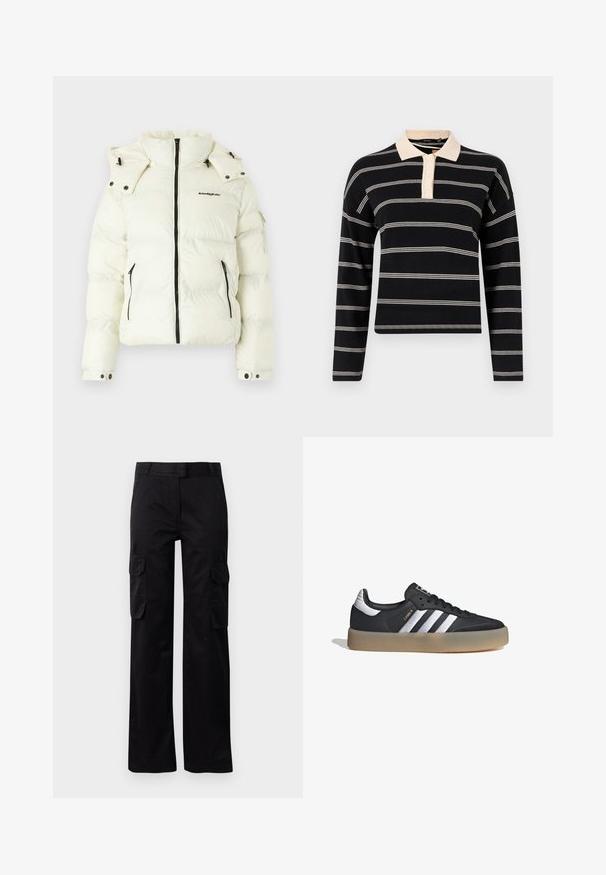 Chaqueta acolchada blanca con cuello alto, cierre de cremallera, bolsillos con cremallera y puños ajustables. Presenta el logotipo de la marca en negro en el frente.; Camisa polo negra de manga larga con rayas horizontales crema, con un cuello crema y tapeta de tres botones. Tejido de punto suave.; Pantalones cargo negros fabricados con un material duradero, que cuentan con dos bolsillos laterales y un diseño de pierna recta. Textura suave con un ajuste clásico.; Zapatilla deportiva de cuero negro con tres rayas plateadas, punta texturizada y suela de goma. Cuenta con un collar acolchado y un diseño con cordones.
