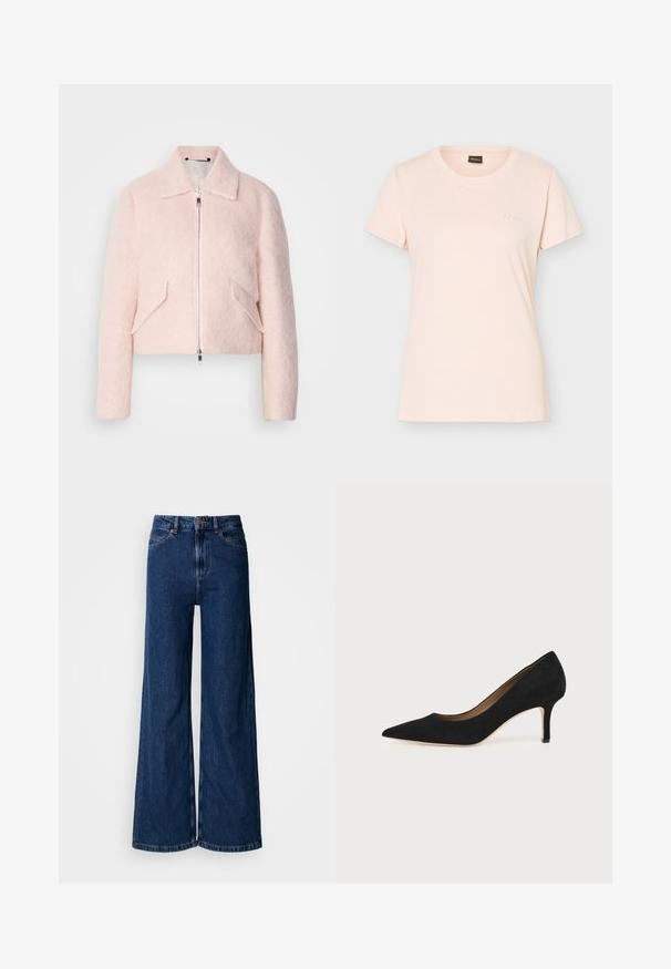 Veste courte rose pâle en mélange de laine douce, avec fermeture éclair à l'avant, col et deux poches latérales inclinées. Texture lisse et design minimaliste.; T-shirt rose clair à manches courtes avec col rond, petit logo BOSS embossé sur la poitrine gauche et étiquette noire à l'intérieur du col.; Jean large à lavage foncé en denim, doté d'une taille haute, d'un design classique à cinq poches et de détails de couture subtils le long des coutures.; Escarpin en daim noir à bout pointu avec un talon stiletto fin de hauteur moyenne et un design à coupe basse sur un fond uni.