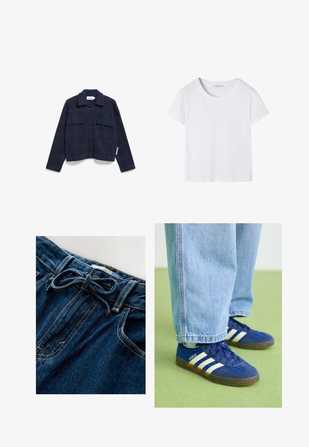 Marineblauwe cropped jack gemaakt van gestructureerde stof, met een sluiting aan de voorkant met knopen, twee borstzakken en een klassieke kraag.; Effen wit T-shirt met korte mouwen, ronde hals en middelgrote label, plat gelegd op een witte achtergrond.; Spijkerbroek in donkerblauw met een gestructureerde afwerking. Voorzien van een gestrikte tailleband, vijf zakken en contrasterende gele stiksels.; Blauwe suède sneakers met witte strepen en gestructureerde patronen, gedragen met lichtblauwe denim broek, tegen een groene achtergrond.