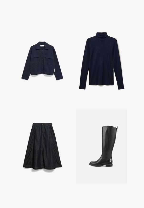 Marineblauwe cropped jack gemaakt van gestructureerde stof, met een sluiting aan de voorkant met knopen, twee borstzakken en een klassieke kraag.; Marineblauwe coltrui met lange mouwen, gemaakt van zachte stof, met een getailleerd lijfje en een omslaankraag, naadloos ontwerp zonder zichtbare hardware.; Donkere denimrok met een uitlopende pasvorm, voorzien van een knoopsluiting aan de voorkant, subtiele gouden naden en een zoom die voorbij de knie valt.; Kniehoge zwarte leren laarzen met een gladde afwerking, ronde neus, lage hak en een trekkoord aan de achterkant. Minimalistisch ontwerp zonder zichtbare patronen.