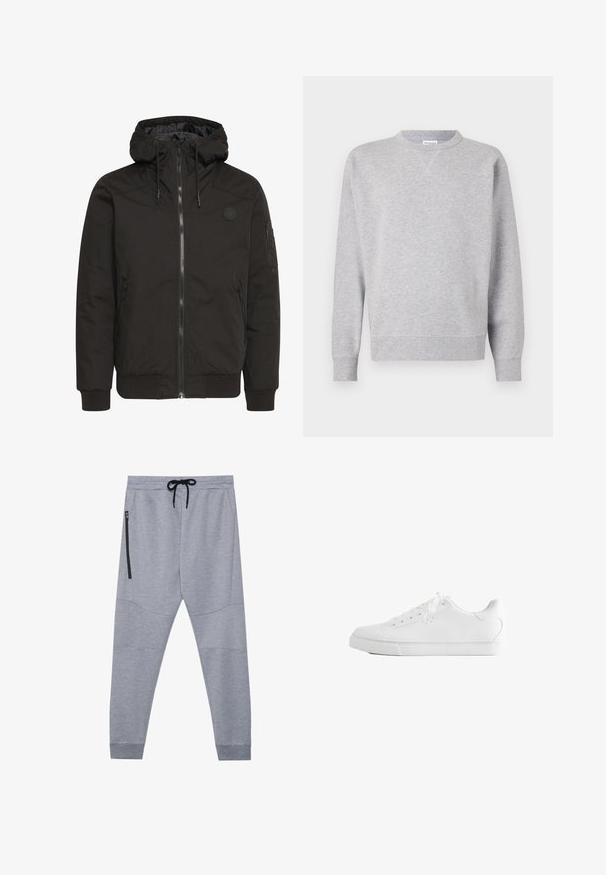 Schwarze Jacke mit Reißverschluss vorne, verstellbare Kapuze, gerippten Bündchen und einem Patch-Logo. Hergestellt aus einem glatten, strapazierfähigen Stoff mit minimalistischer Gestaltung.; Grau Sweatshirt aus weichem Stoff, mit Rundhalsausschnitt, langen Ärmeln, gerippten Bündchen und geradem Saum. Keine sichtbaren Muster oder Grafiken.; Graue Jogginghosen aus weichem Stoff mit einem Kordelzugbund, schmal zulaufenden Beinen und einer seitlichen Reißverschlusstasche für sicheren Stauraum.; Weißer Low-Top-Sneaker mit Schnürsenkeln, glattem Lederobermaterial und flacher Gummisohle, seitlich auf weißem Hintergrund gezeigt.