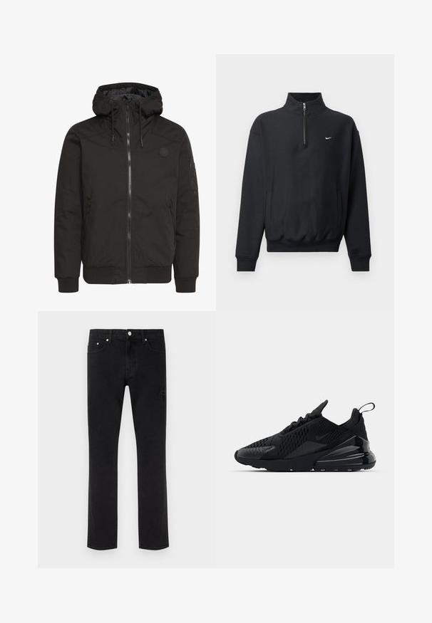 Schwarze Jacke mit Reißverschluss vorne, verstellbare Kapuze, gerippten Bündchen und einem Patch-Logo. Hergestellt aus einem glatten, strapazierfähigen Stoff mit minimalistischer Gestaltung.; Schwarzer Sweatshirt mit hohem Reißverschlusskragen, langen Ärmeln, Seitentaschen und elastischem Bund. Mit einem kleinen weißen Nike-Logo auf der Brust.; Schwarze Jeans mit geradem Bein, fünf Taschen und dezenten Used-Details vor hellem, einfarbigem Hintergrund.; Schwarzer Nike Air Max 270 Sneaker mit strukturiertem Obermaterial, Mesh-Einsätzen und einer glänzenden Ferse mit einer auffälligen Luftpolsterungseinheit.