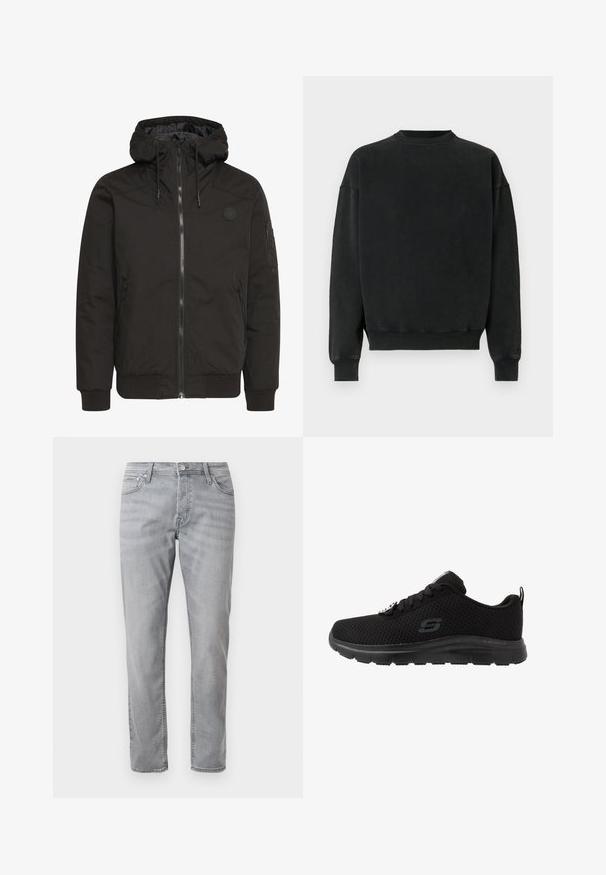 Zwarte jack met een ritssluiting aan de voorkant, verstelbare capuchon, geribbelde manchetten en een patchlogo. Gemaakt van een gladde, duurzame stof met een minimalistisch ontwerp.; Zwart sweatshirt met lange mouwen, ronde hals en geribbelde manchetten. Zachte, gestructureerde stof met een relaxte pasvorm en geen zichtbare logo's of versieringen.; Lichtgrijze rechtmodel jeans met ritssluiting, voor- en achterzakken, en riemlussen, weergegeven op een witte achtergrond.; Zwarte sportieve schoen met een ademende bovenkant van mesh, vetersluiting en een gevoerde zwarte rubberen zool. Beschikt over een logo aan de zijkant.