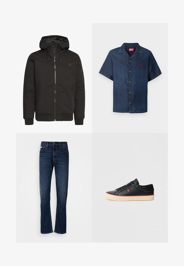 Zwarte jack met een ritssluiting aan de voorkant, verstelbare capuchon, geribbelde manchetten en een patchlogo. Gemaakt van een gladde, duurzame stof met een minimalistisch ontwerp.; Donkerblauw denim overhemd met korte mouwen, knoopsluiting, kraag en klein rood logo op de linkerborst van Diesel.; Donkerblauwe denim jeans met een rechte pijpdesign, voorzien van vijf zakken, een ritssluiting en contrasterende stiksels. Textuurstof met een gladde afwerking.; Zwarte leren sneakers met rode accenten, witte rubberen zool, ronde neus en platte veters. Getextureerd oppervlak en logodetail aan de zijkant.
