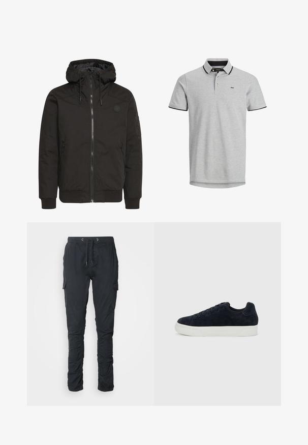 Schwarze Jacke mit Reißverschluss vorne, verstellbare Kapuze, gerippten Bündchen und einem Patch-Logo. Hergestellt aus einem glatten, strapazierfähigen Stoff mit minimalistischer Gestaltung.; Graues Poloshirt mit kurzen Ärmeln, dreiknöpfiger Knopfleiste, kontrastierendem schwarzen Kragen und Ärmelsäumen sowie einem kleinen Logo auf der linken Brust.; Schwarze Cargo-Hosen aus weichem Stoff, mit einem elastischen Bund und Kordelzug, seitlichen Taschen und einem schmal zulaufenden Design.; Schwarzer Sneaker aus Wildleder in niedriger Ausführung mit schwarzen Schnürsenkeln und dicker weißer Gummisohle, seitlich auf einem einfarbigen hellgrauen Hintergrund dargestellt.