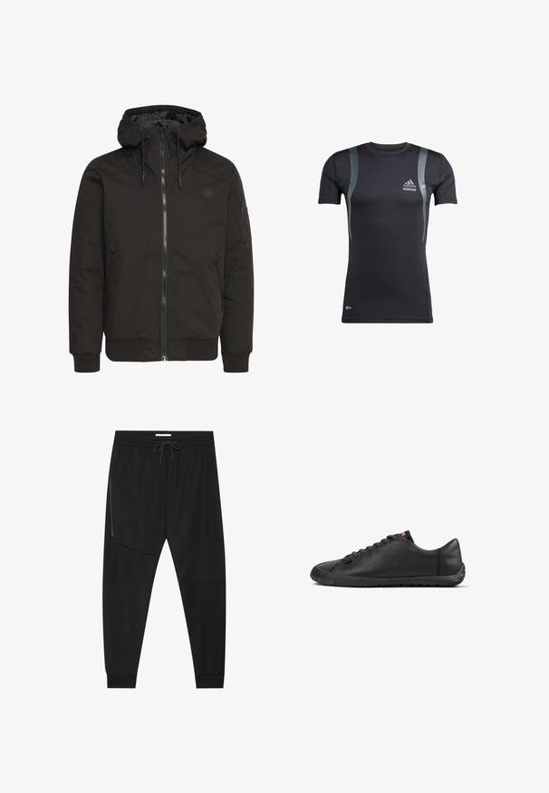 Zwarte jack met een ritssluiting aan de voorkant, verstelbare capuchon, geribbelde manchetten en een patchlogo. Gemaakt van een gladde, duurzame stof met een minimalistisch ontwerp.; Zwart sportshirt met korte mouwen en grijze accenten, gemaakt van rekbare stof. Bevat een Adidas-logo op de linkerborst en Techfit-branding.; Zwarte sportbroeken van textuurstof, met een verstelbare tailleband, een ritssluiting opzij en tapered boorden.; Lage zwarte leren sneaker met veter aan de voorkant, gestructureerde zool en een klein rood logotabje op de tong, zijaanzicht.