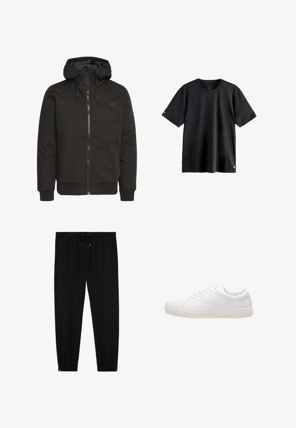 Schwarze Jacke mit Reißverschluss vorne, verstellbare Kapuze, gerippten Bündchen und einem Patch-Logo. Hergestellt aus einem glatten, strapazierfähigen Stoff mit minimalistischer Gestaltung.; Schlichtes schwarzes kurzärmliges Sport-T-Shirt mit Rundhalsausschnitt, mittlerem Größenetikett im Halsausschnitt und kleinem Logo am unteren linken Saum.; Schwarze Jogginghosen mit elastischem Bund, Kordelzug, vorderen aufgesetzten Taschen und elastischen Bündchen vor weißem Hintergrund.; Weiße Leder-Sneaker mit glatter Textur, runder Zehenpartie, Schnürverschluss und flacher Gummisohle. Minimalistisches Design ohne sichtbare Muster.