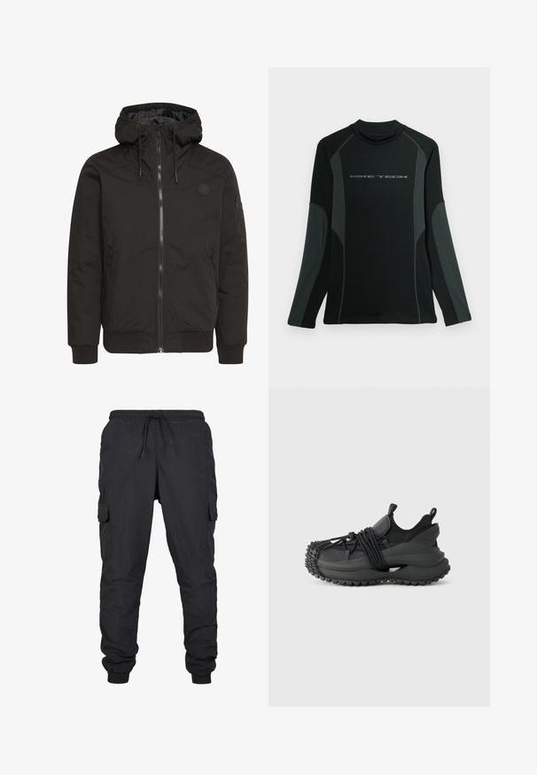 Veste noire avec fermeture éclair à l'avant, capuche réglable, poignets côtelés et logo en patch. Fabriquée dans un tissu lisse et durable avec un design minimaliste.; Chemise noire à manches longues avec col haut, fabriquée en tissu texturé. Présente des panneaux latéraux gris et le logo "NIKE TECH" sur la poitrine.; Pantalons cargo noirs avec une taille élastique et un cordon de serrage, comprenant des poches latérales et des ourlets à manches. Fabriqués dans un tissu léger et durable.; Emporio Armani Baskets basses - black