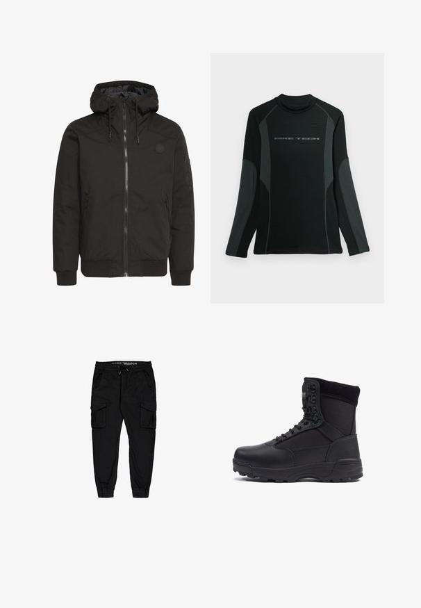 Schwarze Jacke mit Reißverschluss vorne, verstellbare Kapuze, gerippten Bündchen und einem Patch-Logo. Hergestellt aus einem glatten, strapazierfähigen Stoff mit minimalistischer Gestaltung.; Schwarzes langärmliges Shirt mit hohem Kragen, aus strukturiertem Stoff. Hat graue Seitenpanels und das "NIKE TECH"-Logo auf der Brust.; Schwarze Cargo-Hosen aus leichtem Stoff, mit elastischem Bund, Kordelzug und mehreren Seitentaschen sowie schmal zulaufenden Bündchen.; Schwarzer taktischer Stiefel mit einem glatten Lederoberteil und Stoffpaneelen, hoher Knöchelgestaltung, schnürbarem vorderen Teil und robustem Gummisohle.