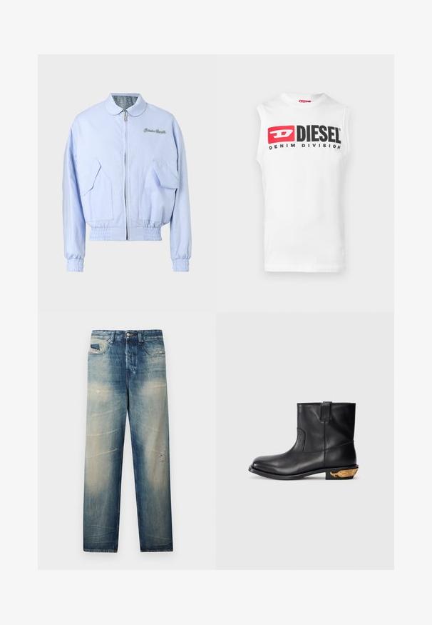 Veste bomber zippée bleu clair avec poignets et ourlet élastiques, poches à rabat à l'avant, et texte brodé sur la poitrine.; T-shirt blanc sans manches en coton avec un logo audacieux "DIESEL DENIM DIVISION" en noir et rouge sur la poitrine. Texture lisse, col rond.; Jean bleu délavé à jambe droite avec des détails usés et des poches avant, fermeture par bouton et fermeture éclair, présenté sur un fond uni.; Bottine en cuir noir avec une surface lisse, un bout arrondi et un motif de baleine rehaussé d'or sur le talon. Design minimaliste.