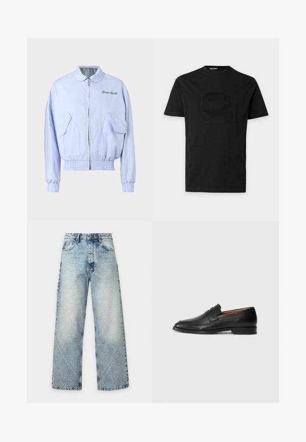 Veste bomber zippée bleu clair avec poignets et ourlet élastiques, poches à rabat à l'avant, et texte brodé sur la poitrine.; T-shirt noir à manches courtes avec un graphisme en relief d'un visage stylisé portant des lunettes de soleil et un foulard, et le texte "KARL LAGERFELD" en dessous.; Jean denim bleu clair à jambes larges avec un subtil effet délavé et un design classique à cinq poches sur un fond uni.; Mocassin en cuir noir avec un bout arrondi, des coutures subtiles et un talon bas, présentant une texture lisse et un design minimaliste.