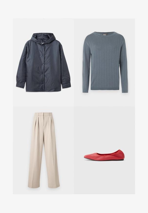 Veste légère gris foncé avec capuche, boutons-pression et poignets élastiques. Fini lisse et mat avec une coupe décontractée.; Pull à manches longues et col rond en bleu doux avec motif en côtes verticales, poignets ajustés et ourlet droit.; Pantalon large beige taille haute avec plis à l'avant, passants pour ceinture et fermeture avant dissimulée.; Filippa K REY FLATS - Ballerines - bright red