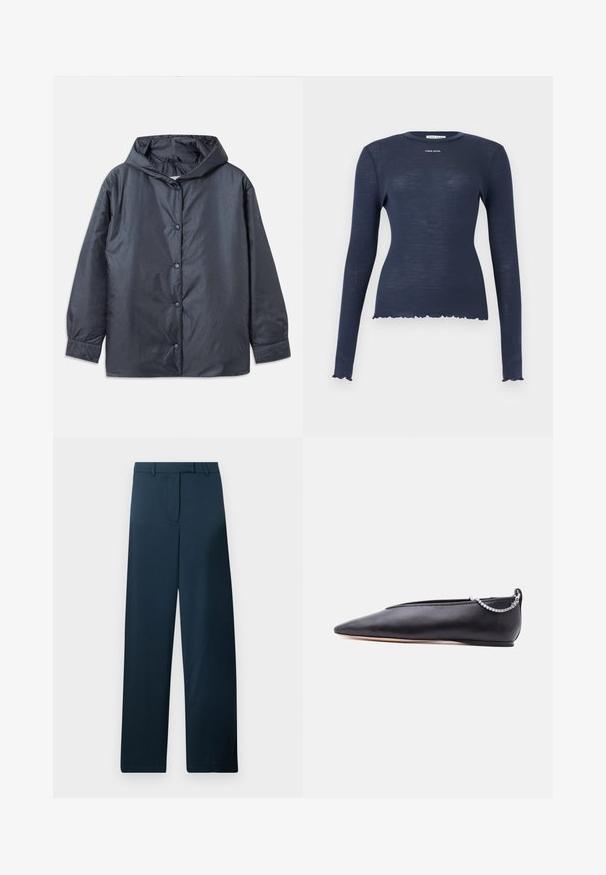 Veste légère gris foncé avec capuche, boutons-pression et poignets élastiques. Fini lisse et mat avec une coupe décontractée.; Haut à manches longues en maille côtelée bleu marine avec col rond, ourlets et poignets à bords ondulés, et logo "Stine Goya" sur la poitrine.; Pantalons larges bleu marine avec une texture lisse, un devant plat et des passes ceinture. Présente un design minimaliste sans motifs ni accents visibles.; Chaussure plate noire en cuir pointue avec un petit talon et un détail de chaîne argentée à l'arrière sur un fond uni.