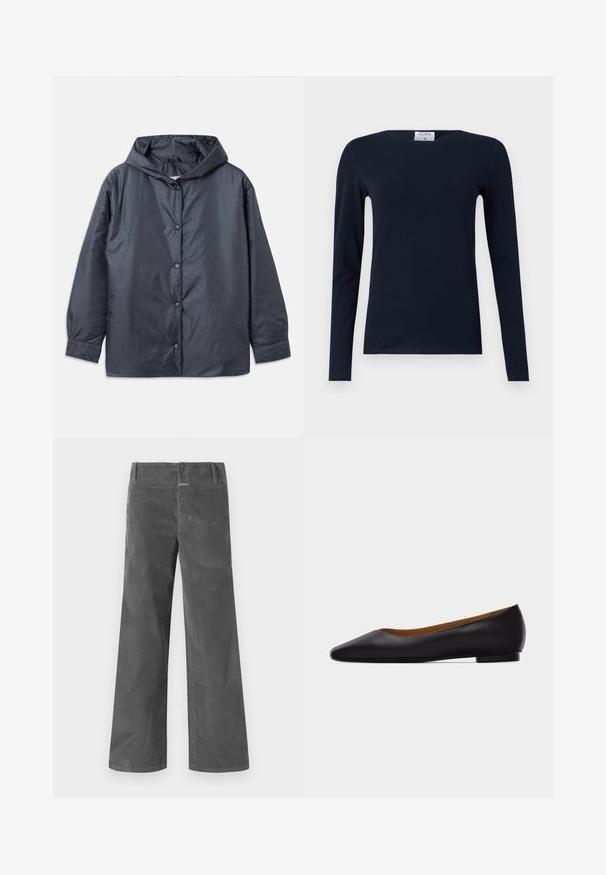 Chaqueta ligera gris oscuro con capucha, botones a presión y puños elásticos. Acabado liso y mate con un ajuste holgado.; Camiseta de manga larga en color navy, hecha de algodón suave. Presenta un cuello redondo, un ajuste slim y un bajo regular sin patrones ni acentos visibles.; Pantalones de pana gris de pierna ancha con nervaduras verticales, que cuentan con un cierre de botón, trabillas para cinturón y dos bolsillos frontales. Textura suave.; Zapato plano de punta puntiaguda de cuero negro con tacón bajo y acabado liso, mostrado de perfil sobre un fondo gris claro.