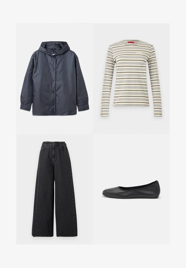 Veste légère gris foncé avec capuche, boutons-pression et poignets élastiques. Fini lisse et mat avec une coupe décontractée.; T-shirt à manches longues avec col rond, rayures horizontales beige, grises, noires et jaunes, et petit logo blanc "MAX&Co." sur la poitrine.; Jean noir à jambes larges et taille haute avec fermeture à boutons, poches avant, et texte vertical discret « Weekend MaxMara » le long des coutures latérales.; Ballerines en cuir noir avec un bout rond, texture lisse, détails de couture minimalistes et design de semelle flexible.