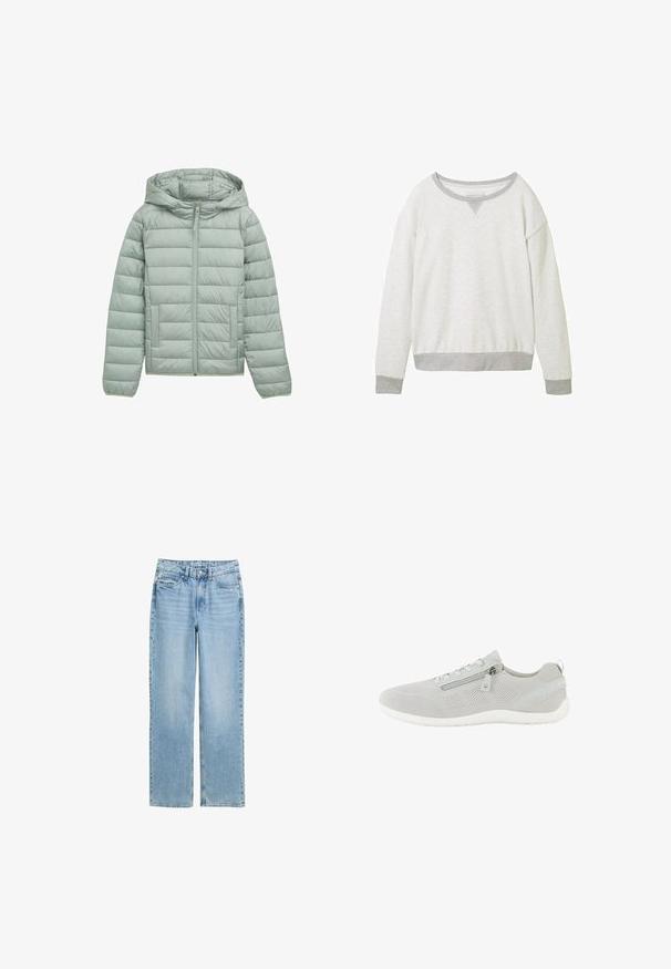 Lichtgroene gewatteerde jas met een capuchon, volledige rits en twee voorkeuzes. Kenmerkt zich door een horizontale gewatteerde desing en elastische manchetten.; Lichtgrijze pullover sweatshirt met een ronde hals, contrasterende grijze boorden en een subtiele V-vormige accent bij de kraag. Zachte textuur.; Lichtblauwe rechte spijkerbroek met een frontknop en vijf zakken, gepresenteerd op een witte achtergrond.; Lichtgrijze sneakers van mesh met een rits aan de zijkant, vetersluiting, witte zool en een trekriempje bij de hiel, gezien van de linkerzijzijde.