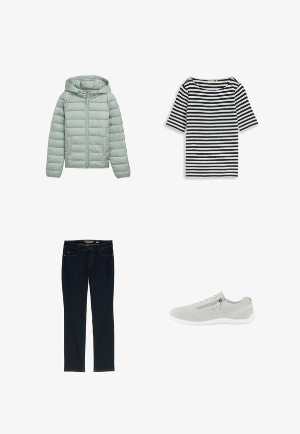 Lichtgroene gewatteerde jas met een capuchon, volledige rits en twee voorkeuzes. Kenmerkt zich door een horizontale gewatteerde desing en elastische manchetten.; Zwart-wit horizontaal gestreept T-shirt met korte mouwen en een ronde hals, plat gelegd op een witte achtergrond.; Donkerblauwe rechte jeans van denim. Heeft vijf zakken, contrasterend oranje stiksels en een label op de tailleband met de merknaam.; Lichtgrijze sneakers van mesh met een rits aan de zijkant, vetersluiting, witte zool en een trekriempje bij de hiel, gezien van de linkerzijzijde.