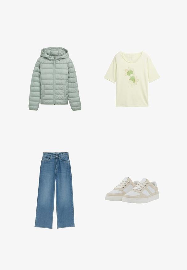 Lichtgroene gewatteerde jas met een capuchon, volledige rits en twee voorkeuzes. Kenmerkt zich door een horizontale gewatteerde desing en elastische manchetten.; Lichtgele T-shirt van zacht fabric, met een groene bloemendesign met omtrekken, ronde halslijn en korte mouwen.; Lichtblauwe wijde denimmuts met een hoge taille, vijf zakken en zichtbare stiksels; de stof heeft een licht gestructureerde afwerking.; Beige en witte sneakers met een gestructureerde bovenkant, vetersluiting en gevoerde kraag. Voorzien van drie witte zijstrepen en een rubberen zool.