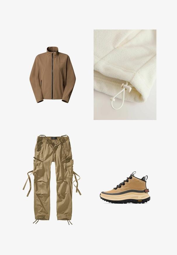 Lysbrun zip-up jakke med høj krave, lange ærmer og lynlåsede sidelommer, vist på en hvid baggrund.; Fleece-tøj i off-white med en blød tekstur, der har en toggle og snor til justering nederst.; Khaki cargo bukser lavet af bomuld med flere sidelommer, snore ved anklerne og knaptryk. Rette linjer og slidstærkt stof.; Tanfarvet højtop vandrestøvle med sorte snørebånd, tyk beige sål, sort robust ydersål og "SOREL" branding på siden og hælflappen.