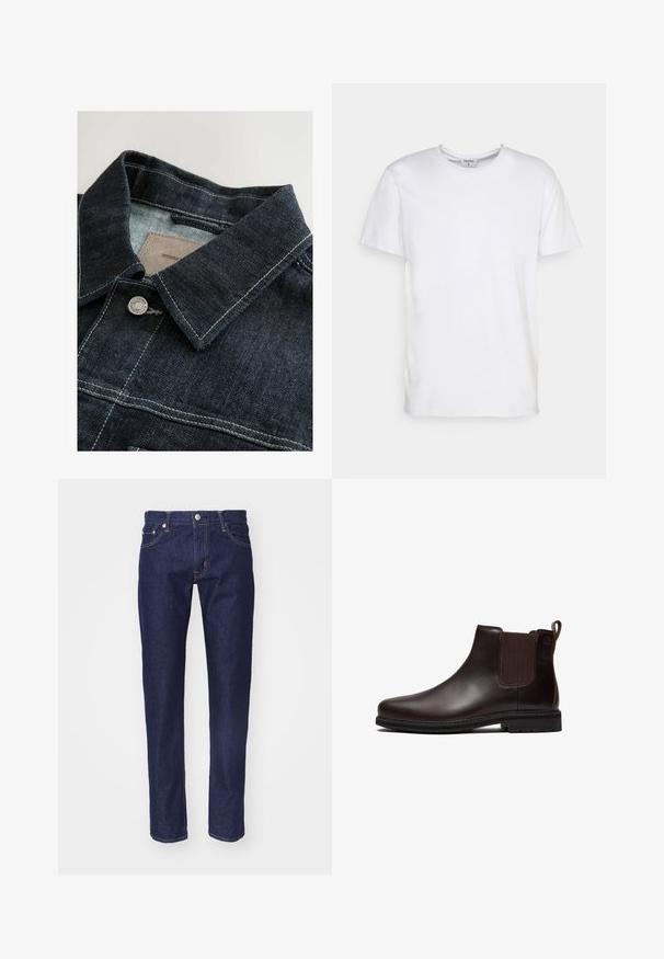 Veste en denim de couleur bleu foncé, avec un col pointu, un bouton en métal argenté et des coutures contrastées sur le panneau avant. Tissu texturé.; T-shirt blanc à manches courtes en coton. Il présente un col rond et une coupe décontractée sans motifs ni accents visibles.; Jean en denim bleu marine avec une coupe droite, une conception à cinq poches, des coutures orange contrastées et une fermeture à bouton en métal argenté à la taille.; Bottine Chelsea en cuir marron foncé avec panneau latéral élastique, languette au talon et semelle en caoutchouc noire, vue de profil.