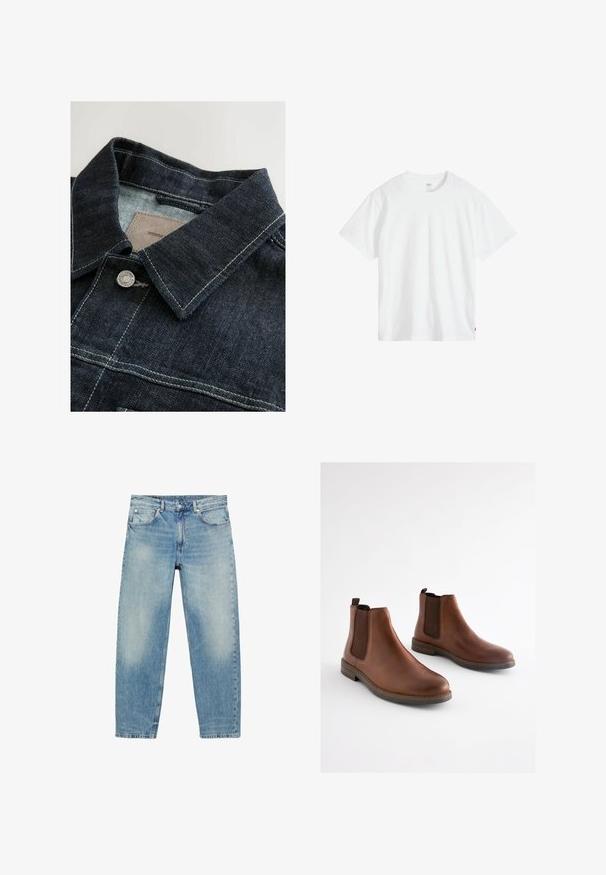 Veste en denim de couleur bleu foncé, avec un col pointu, un bouton en métal argenté et des coutures contrastées sur le panneau avant. Tissu texturé.; T-shirt en coton blanc avec col rond, manches courtes et coupe décontractée. Présente une petite étiquette de marque en bas à gauche.; Jean droit en denim bleu avec poches avant et passants de ceinture, présentant des détails légèrement décolorés sur les cuisses et les genoux.; Bottes basses en cuir marron avec des panneaux élastiques sur les côtés, un bout arrondi et un talon empilé. Texture lisse avec des accents marron contrastants.
