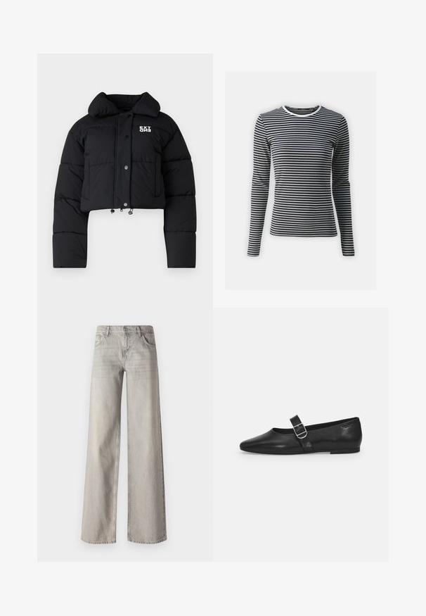Veste matelassée noire coupée avec un col haut, des boutons-pression et un détail de logo. Présente des cordons élastiques à l'ourlet et une texture rembourrée.; T-shirt à manches longues en rayures horizontales noires et blanches, avec un col rond et une texture côtelée. Fabriqué en tissu extensible.; Jean large gris clair en denim, avec un design à cinq poches, fermeture à bouton à l'avant et texture légèrement délavée.; Chaussure plate en cuir noir avec un bout arrondi, une seule sangle réglable à boucle et une texture lisse et brillante. Design minimaliste avec un petit talon.