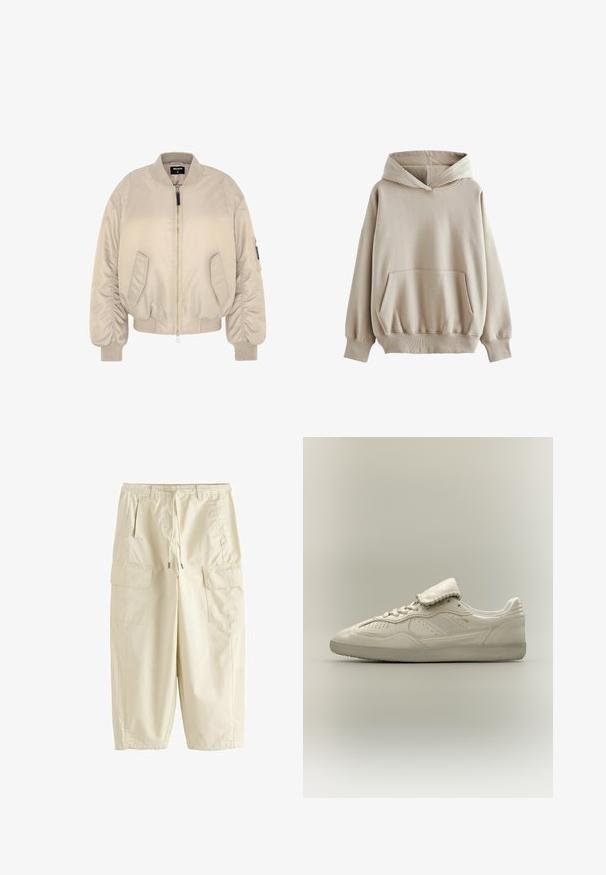 Beige bomberjakke med lynlås, ribbede manchetter og kant, samt to sidelommer. Glat stof med en let polstret tekstur.; Beige hættetrøje, blødt stof, løstsiddende pasform, frontlomme i kangaroo-stil, ribbede manchetter og kant. Stof er glat med let stræk.; Beige cargobukser med snøre foran, bæltestropper, sidelommer og store klaplommer på lårene, lavet af letvægtsstof.; Hvid lavtop sneaker med tekstureret sål, snørebånd foran, polstret tunge og subtilt gyldent mærke på siden, vist på neutral baggrund.