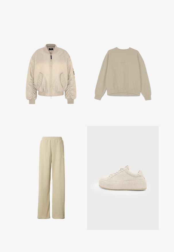 Beige bomberjakke med lynlås, ribbede manchetter og kant, samt to sidelommer. Glat stof med en let polstret tekstur.; Beige sweatshirt lavet af blødt bomuld, der har en rund halsudskæring, nedfaldne skuldre og ribbede mancher. På fronten er ordet "PEGAADOR" broderet.; Beige ribstrikkede bukser med vidde ben, elastisk taljebånd og diskret lille hvidt logo på den øverste del af låret.; Beige ruskind platform sneaker med tyk sål og snørebånd, vist fra siden på en ensfarvet hvid baggrund.
