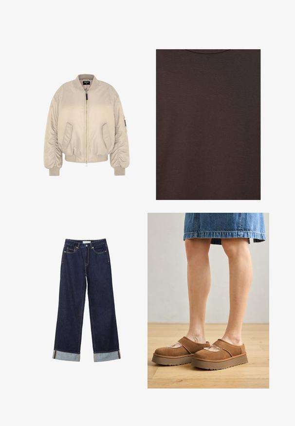 Beige bomberjakke med lynlås, ribbede manchetter og kant, samt to sidelommer. Glat stof med en let polstret tekstur.; Mørkebrun t-shirt med rund hals lavet af blødt strikket stof med fin ribstruktur.; Mørkeblå vidde jeans med omslag ved buksebenet, forreste knap, lynlås og design med fem lommer.; Brune ruskindsplatformsko med en rund tå, udskæringer og en solid sål, ledsaget af en denimnederdel i en indstilling med trægulv.