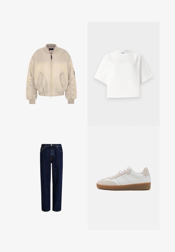 Beige bomberjakke med lynlås, ribbede manchetter og kant, samt to sidelommer. Glat stof med en let polstret tekstur.; Hvid oversized t-shirt med korte raglanærmer, lavet af blødt stof. Har et diskret logo på brystet og rund halsudskæring.; Mørkeblå denim jeans med lige ben-design, der har høj talje, fem-lomme-stil og kontrastsyninger. Ingen dekorationer.; Hvide lædersneakers med beige ruskindsdetaljer, struktureret tunge og gummisål. Har hvide snørebånd og diskrete stikninger.