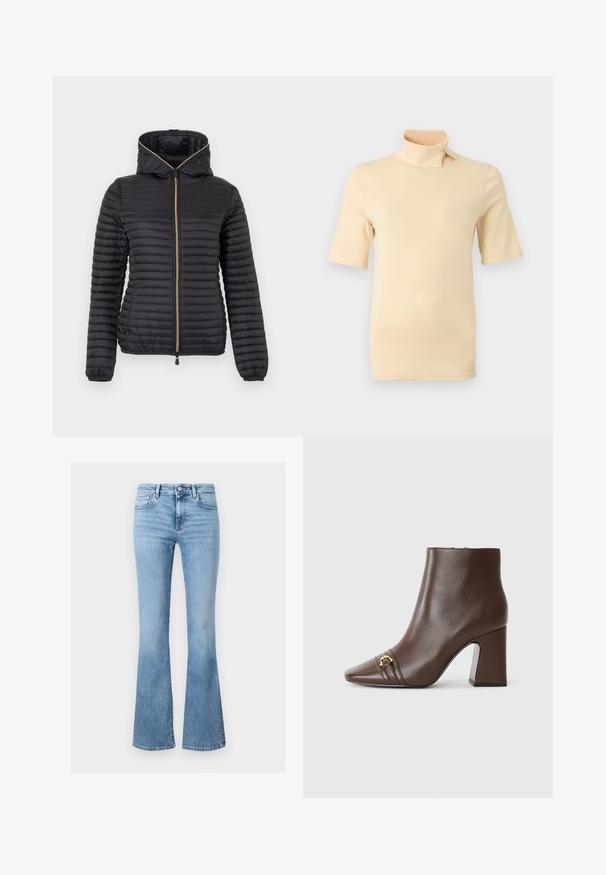 Veste légère matelassée noire avec capuche et fermeture éclair à l'avant, présentant des coutures horizontales et des poignets élastiqués.; Haut beige à manches courtes avec col montant featuring une fermeture par bouton sur un côté, présenté sur un fond gris neutre.; Jean en denim bleu clair taille haute, style classique à cinq poches, fermeture à boutons, et jambes légèrement évasées.; Bottines en cuir marron avec un bout pointu, accessoires en or et un talon épais. Texture lisse avec des détails de couture subtils.