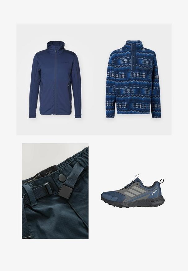 Marineblauwe jacket met een volledige rits, verstelbare capuchon en twee ritszakken. Glad textuur met contrasterende schouderpanelen.; Blauwe fleece trui met patroon, voorzien van een korte knopenbies, een borstzak met rits en lange mouwen, ontworpen voor buitengebruik.; Navyblauwe shorts van een gestructureerde stof, met een verstelbare tailleband met een zwarte gesp en contrasterende stikdetails. Maatlabel zichtbaar.; Blauwe wandelschoen met een bovenwerk van mesh en synthetisch materiaal, grijze accenten, rubberen zool en een gestructureerde afwerking. Bevat veters en een trekhaak.