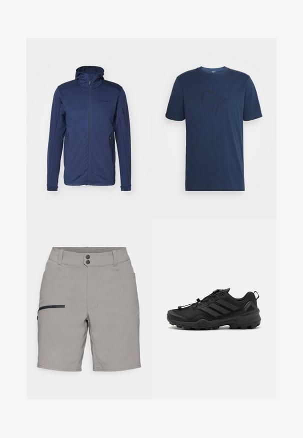 Marineblauwe jacket met een volledige rits, verstelbare capuchon en twee ritszakken. Glad textuur met contrasterende schouderpanelen.; Norrøna /29 COTTON VIKING T-SHIRT - T-shirt print - indigo night/sky captain; Grijze shorts met een gladde textuur, voorzien van een ritszak aan de zijkant, twee knoopsluitingen en een klassieke snit. Ontworpen voor comfort en functionaliteit.; Zwarte sportschoen met een gemêleerde mesh bovenkant, contrasterende synthetische accenten en een robuuste rubberen zool. Voorzien van een veilig vetersysteem en een achterste tab.