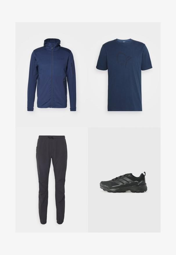Marineblaue Jacke mit vollem Reißverschluss, verstellbarem Kapuze und zwei Reißverschlusstaschen. Glatte Textur mit kontrastierenden Schulterpanelen.; Norrøna /29 COTTON VIKING T-SHIRT - T-Shirt print - indigo night/sky captain; Schwarze, leichte Outdoor-Hosen mit elastischem Bund, Kordelzugverschluss und zwei seitlichen Reißverschlusstaschen. Hergestellt aus atmungsaktivem Material.; Schwarzer Sportschuh mit einem strukturierten Obermaterial aus Stoff, drei silbernen Streifen, verstärkter Zehenpartie und einer robusten Gummisohle für besten Halt.