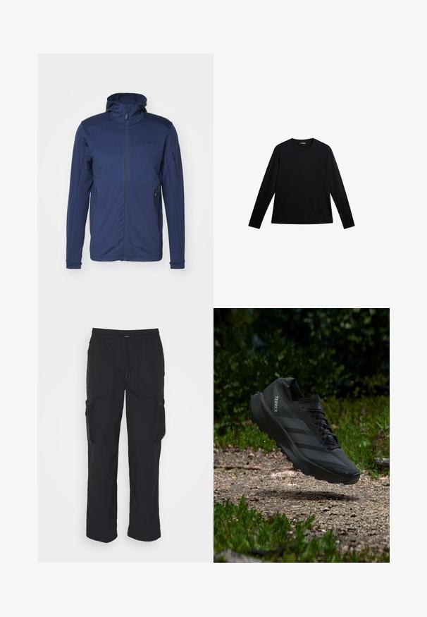 Marineblauwe jacket met een volledige rits, verstelbare capuchon en twee ritszakken. Glad textuur met contrasterende schouderpanelen.; Zwart langslijks T-shirt van gladde stof, met een ronde hals en een subtiele logo op de voorkant, met een relaxte pasvorm.; Zwarte cargobroek van geweven stof. Voorzien van een verstelbare tailleband, zijzakken en twee utilityzakken met ritsen.; Zwarte Adidas Terrex trailrunningschoen in de lucht boven een rotsachtig pad met een groene bladerenachtergrond.