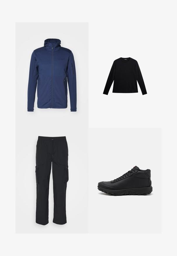 Mørkeblå jakke med fuld lynlås, justerbar hætte og to lynlåslommer. Glat tekstur med kontrasterende skulderpaneler.; Sort langærmet T-shirt lavet af glat stof, med rund hals og et diskret logo på fronten, i en afslappet pasform.; Sorte cargo-bukser lavet af vævet stof. Har justerbar talje, sidelommer og to værktøjslommer med lynlås.; Sorte høje sneakers lavet af struktureret læder, med en tyk gummisål med trækmønstre og snørefunktion. Rød detalje på tungen.