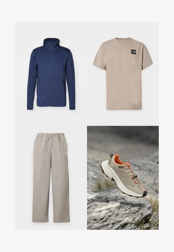 Marineblaue Jacke mit vollem Reißverschluss, verstellbarem Kapuze und zwei Reißverschlusstaschen. Glatte Textur mit kontrastierenden Schulterpanelen.; Beige kurzärmeliges T-Shirt mit Rundhalsausschnitt und kleinem schwarzen The North Face-Logo auf der oberen linken Brust.; Beige gerade geschnittene Hose mit elastischem Bund und kleinem weißem Logo an der rechten Seitennaht.; Beiger und oranger Wanderschuh mit dicker Sohle, GORE-TEX-Label und "TERREX"-Branding, gezeigt über felsigem Gelände.