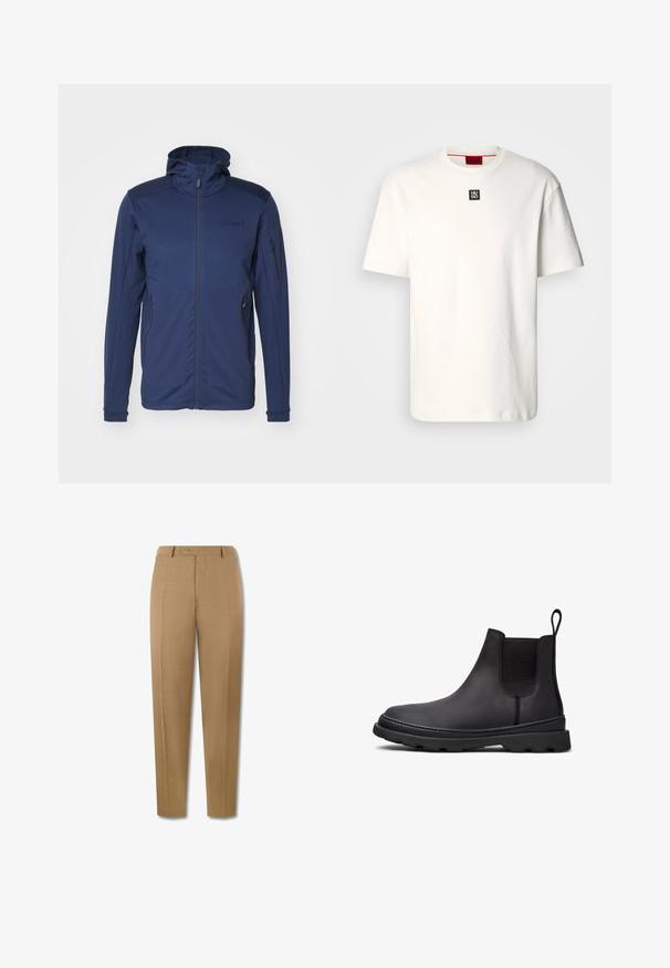 Marineblauwe jacket met een volledige rits, verstelbare capuchon en twee ritszakken. Glad textuur met contrasterende schouderpanelen.; Witte katoenen t-shirt met een ronde hals, korte mouwen en een klein zwart vierkant logo met "HUGO" op de borst. Eenvoudig ontwerp, zachte textuur.; Beige slim-fit pantalon met een knoopsluiting in de taille en een vouw aan de voorkant, getoond tegen een witte achtergrond.; Zwarte leren Chelsea-boot met elastische zijkanten, gestructureerde afwerking, ronde neus en een dikke rubberen zool. Voorzien van een achterste trekflap.