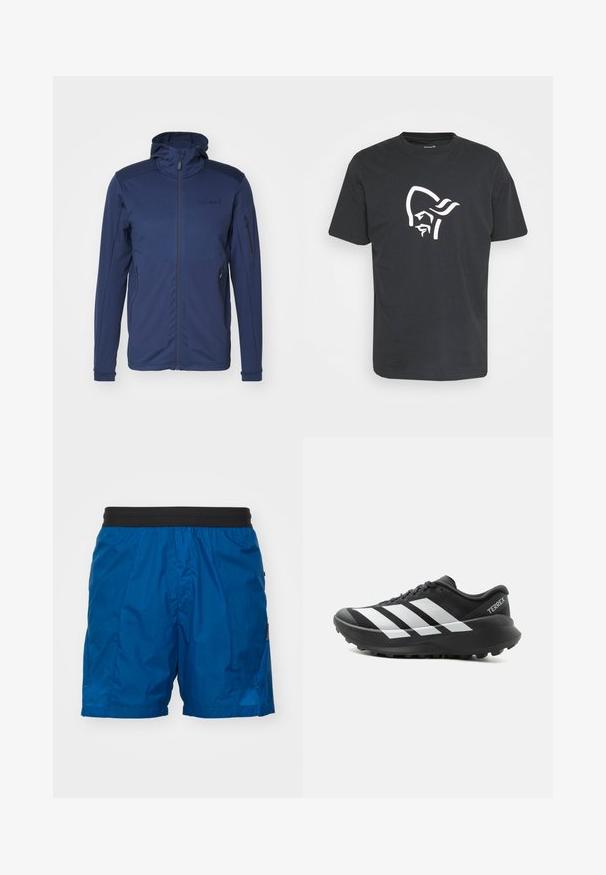 Mørkeblå jakke med fuld lynlås, justerbar hætte og to lynlåslommer. Glat tekstur med kontrasterende skulderpaneler.; Sort bomulds t-shirt med et stort hvidt grafik af et stiliseret ansigt med et hovedbeklædning på fronten. Klassisk rund halsudskæring og korte ærmer.; Blå letvægts shorts med en elastisk sort talje. Har sidelommer og en glat, vandafvisende tekstur. Ingen synlige mønstre.; Sort og hvid Adidas Terrex trail løbesko med tyk sål og mønstret ydersål, sidevisning på ensartet lys baggrund.