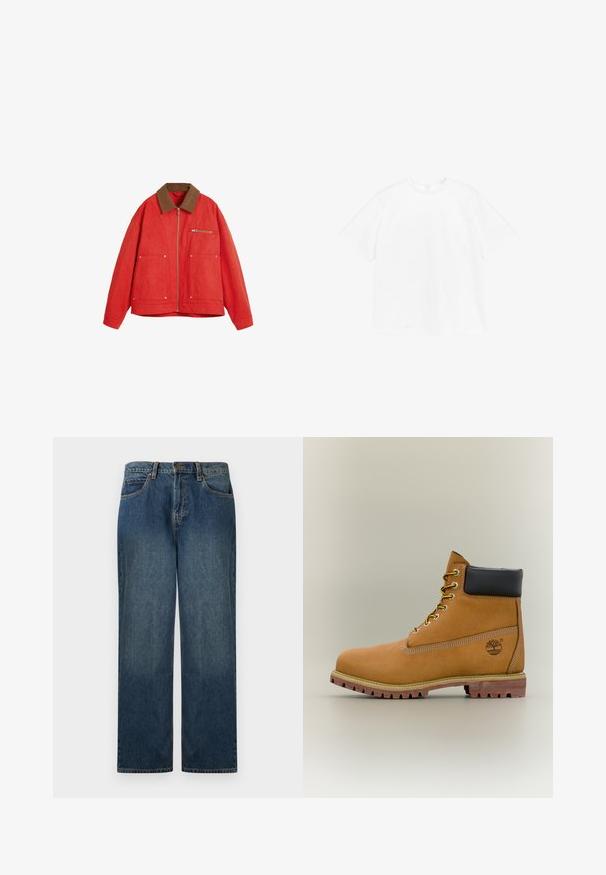 Chaqueta roja con un cuello de ante marrón, que presenta un cierre frontal, dos bolsillos grandes y un bolsillo en el pecho. Tejido suave y corte relajado.; Camiseta de cuello redondo de manga corta en algodón blanco liso. Corte estándar con un diseño sencillo y sin patrones ni acentos visibles.; Jean de mezclilla en azul oscuro con un diseño de pierna recta. Las características incluyen una cintura con botón, pasadores para cinturón y bolsillos frontales. Textura suave.; Bota de tobillo de cuero marrón con cuello negro, cordones amarillos y suela beige. Presenta un logotipo y detalles de costura blanca. Suela exterior con tracción robusta.