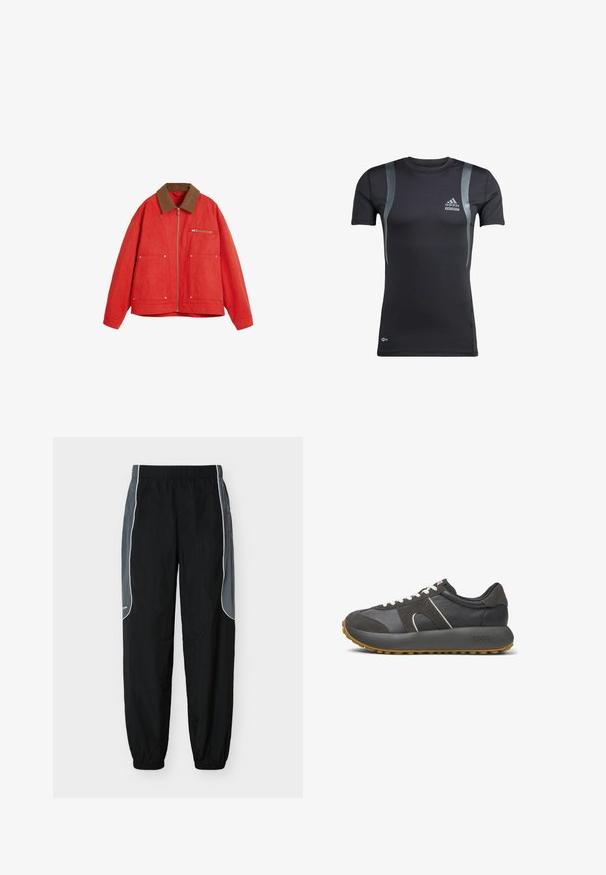 Chaqueta roja con un cuello de ante marrón, que presenta un cierre frontal, dos bolsillos grandes y un bolsillo en el pecho. Tejido suave y corte relajado.; Camiseta deportiva negra de manga corta con detalles en gris, hecha de una tela elástica. Presenta un logo de Adidas en el lado izquierdo del pecho y la marca Techfit.; Pantalones de chándal negros con paneles laterales gris oscuro y ribete blanco, cintura y puños elásticos, exhibidos sobre un fondo blanco.; Zapatilla atlética gris que presenta una combinación de cuero y gamuza, con una suela de goma gruesa, cordones blancos y una sutil marca en el talón.
